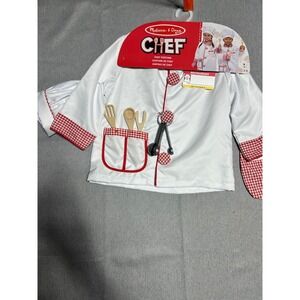 Melissa & Doug Chef Costume Kids Size 3-6 White Red Gingham Role Play Set